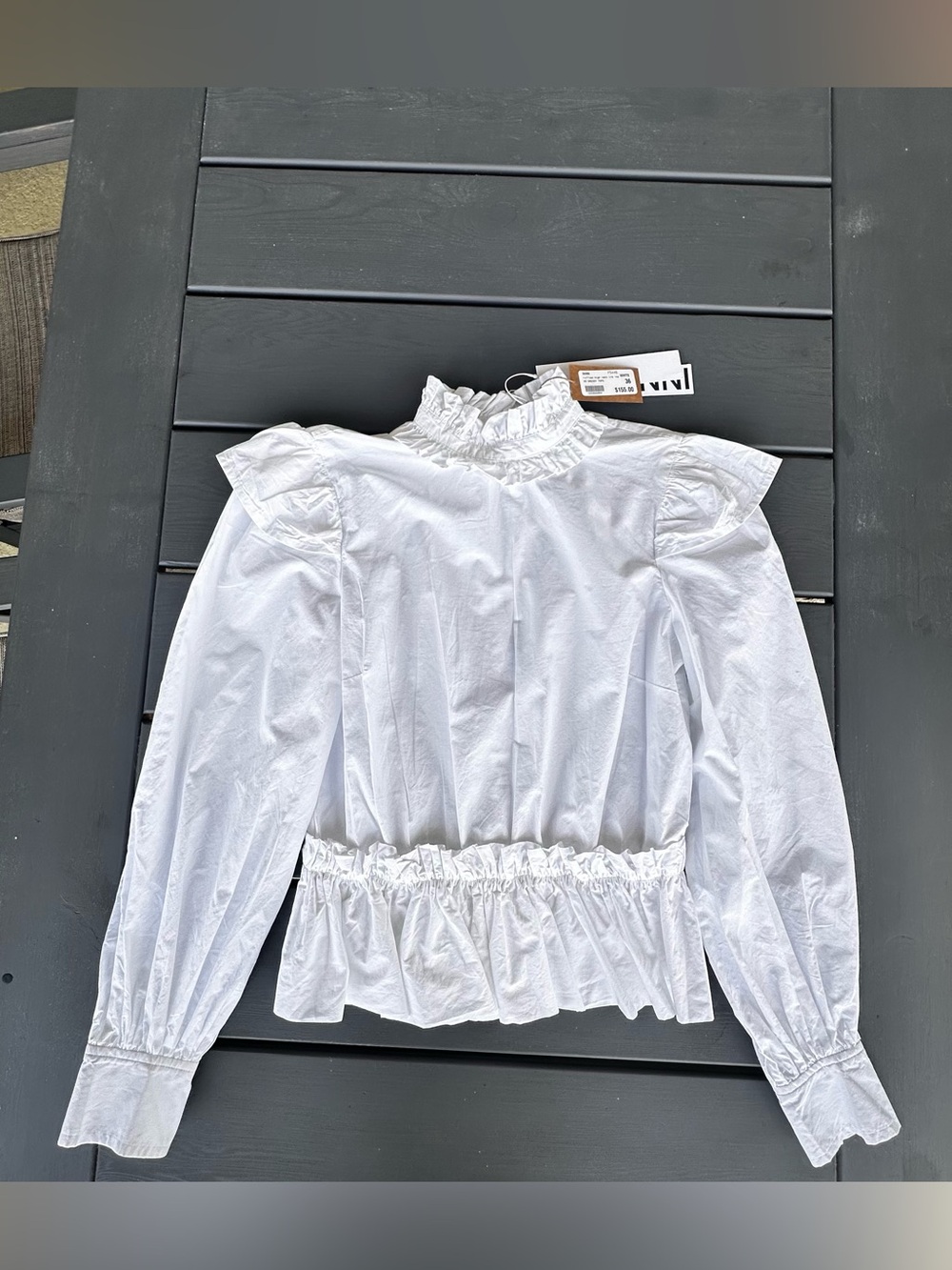 Ganni White Ruffle-Neck Peplum Blouse size 36